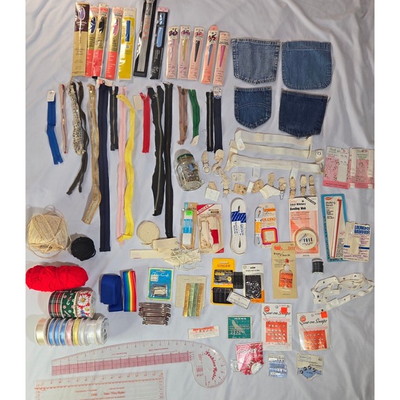 Other - Vintage Sewing Accessories 80+ Zippers Elastic Jean Pockets Snaps Needles Rulers